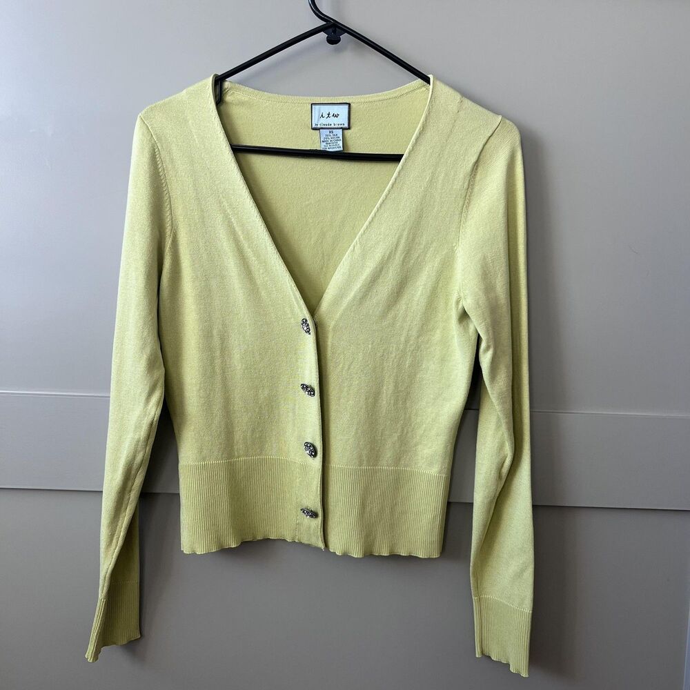 itw by Claude Brown Sweater Womens XS Light Green Cardigan Silk Blend Rhinestone